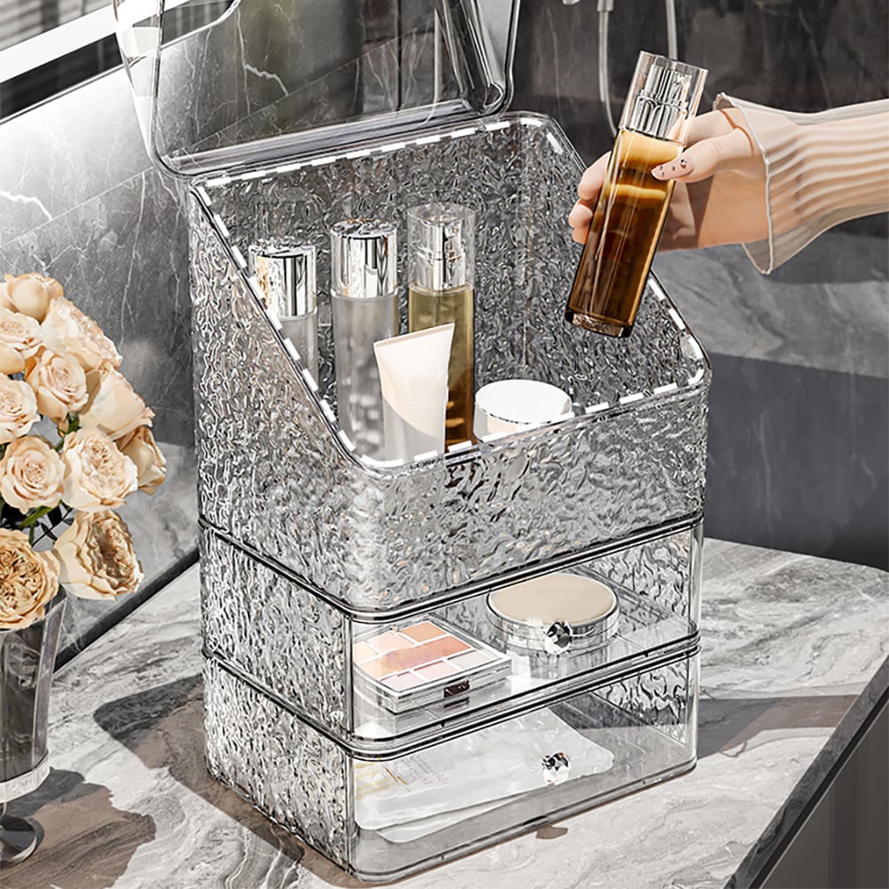 Domande e risposte per Water Ripple, organizer da scrivania per cosmetici, con 2 cassetti, trasparente