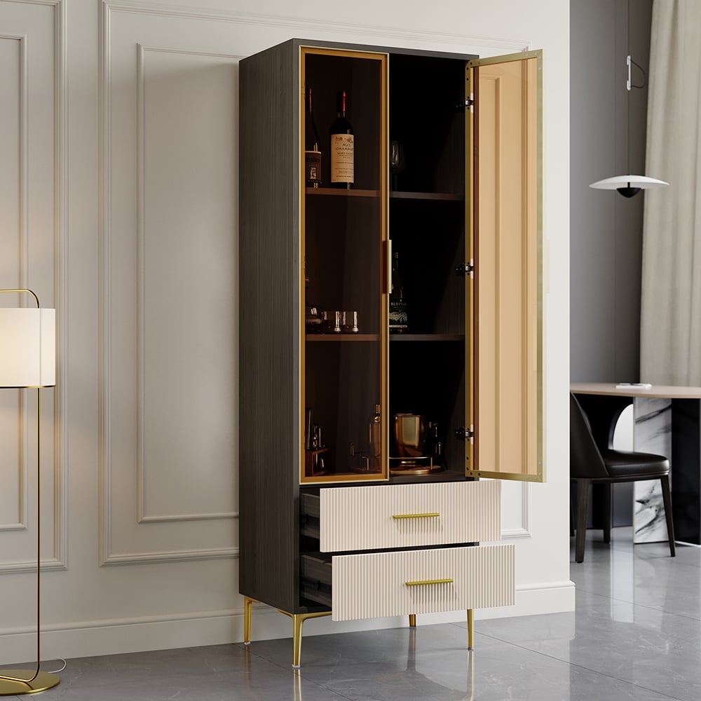 Questions and Answers for Modern Grey Bar Cabinet with Glass Doors & 2-Drawer Storage Home Bar Cabinet