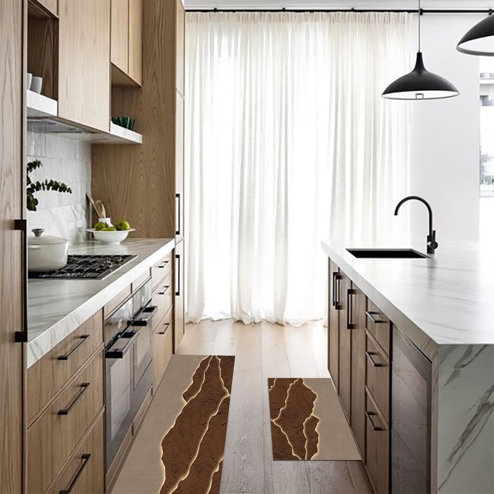 Domande e risposte per Set di 2 tappetini da cucina moderni dorati e marroni, antiscivolo, assorbenti