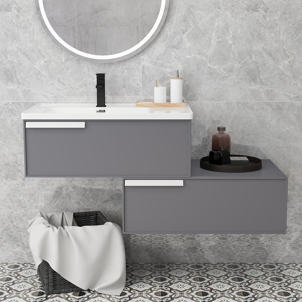 Questions et Réponses pour Ensemble de vanité de salle de bain flottant extensible gris moderne de 800 mm à 1500 mm
