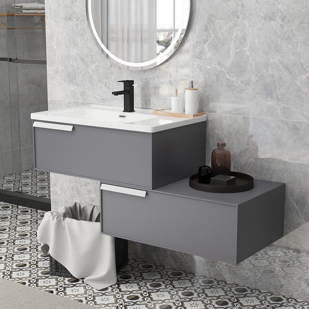 Questions et Réponses pour Ensemble de vanité de salle de bain flottant extensible gris moderne de 800 mm à 1500 mm