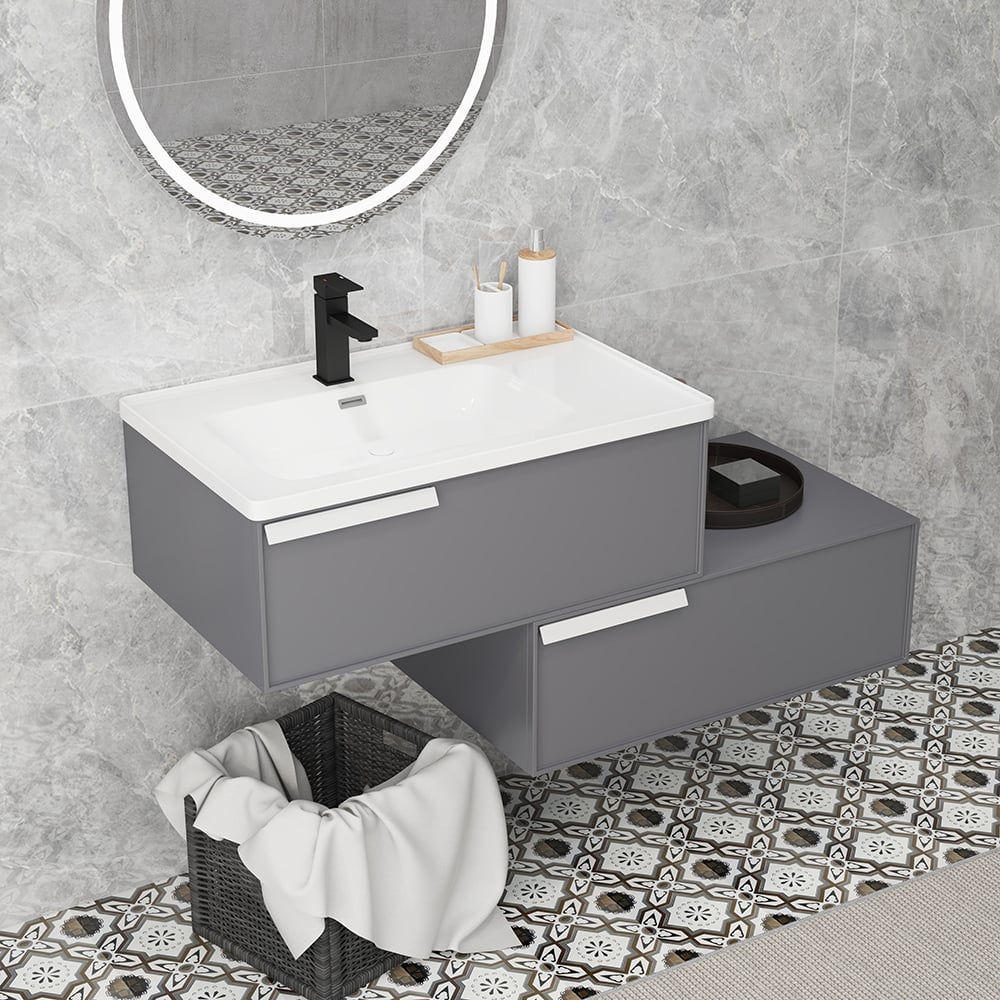 Questions et Réponses pour Ensemble de vanité de salle de bain flottant extensible gris moderne de 800 mm à 1500 mm