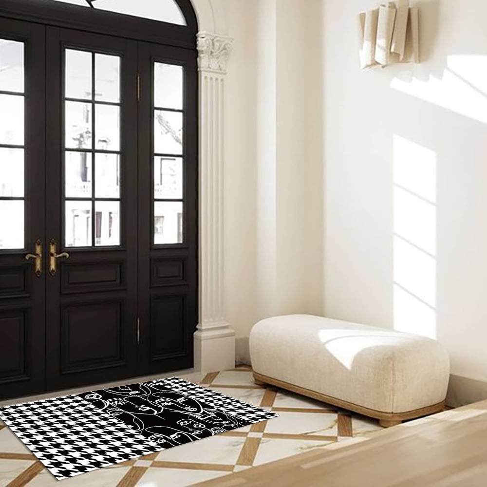 Perguntas e respostas para Tapete de porta lavável moderno abstrato Houndstooth preto, conjunto de tapetes de entrada antiderrapantes