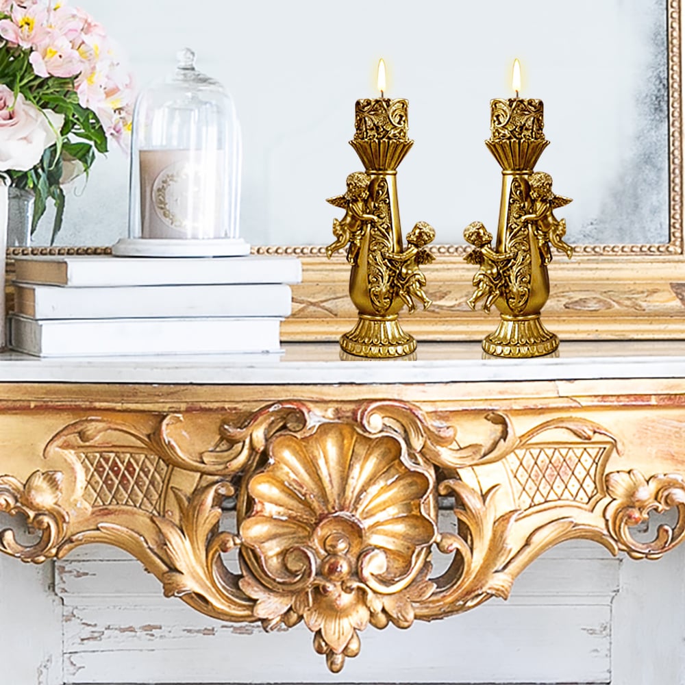 Perguntas e respostas para Conjunto de 2 castiçais dourados, decoração de estátua de anjos, pilar de resina, candelabro