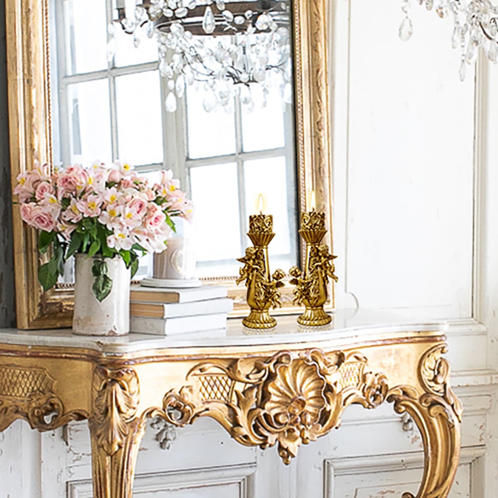 Perguntas e respostas para Conjunto de 2 castiçais dourados, decoração de estátua de anjos, pilar de resina, candelabro