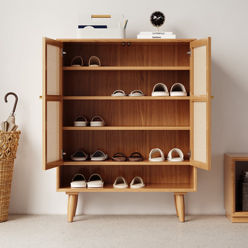 Customer Reviews for Villey Japandi Natural Shoe Storage Cabinet Rattan 2 Doors & 4 Shelves Entryway
