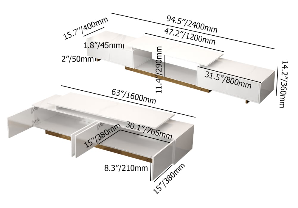 Mordelle Extendable TV Stand with Gold Base & Storage(63"-95") weights dimensions image