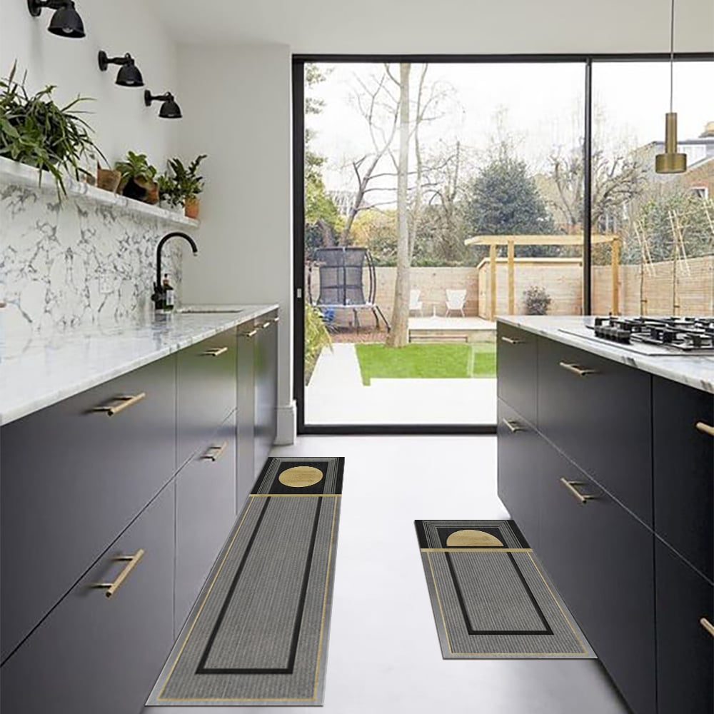 Questions and Answers for 2 Pieces Modern Dark Gray Kitchen Runner Mats Non-slip Geometric Kitchen Rug Set