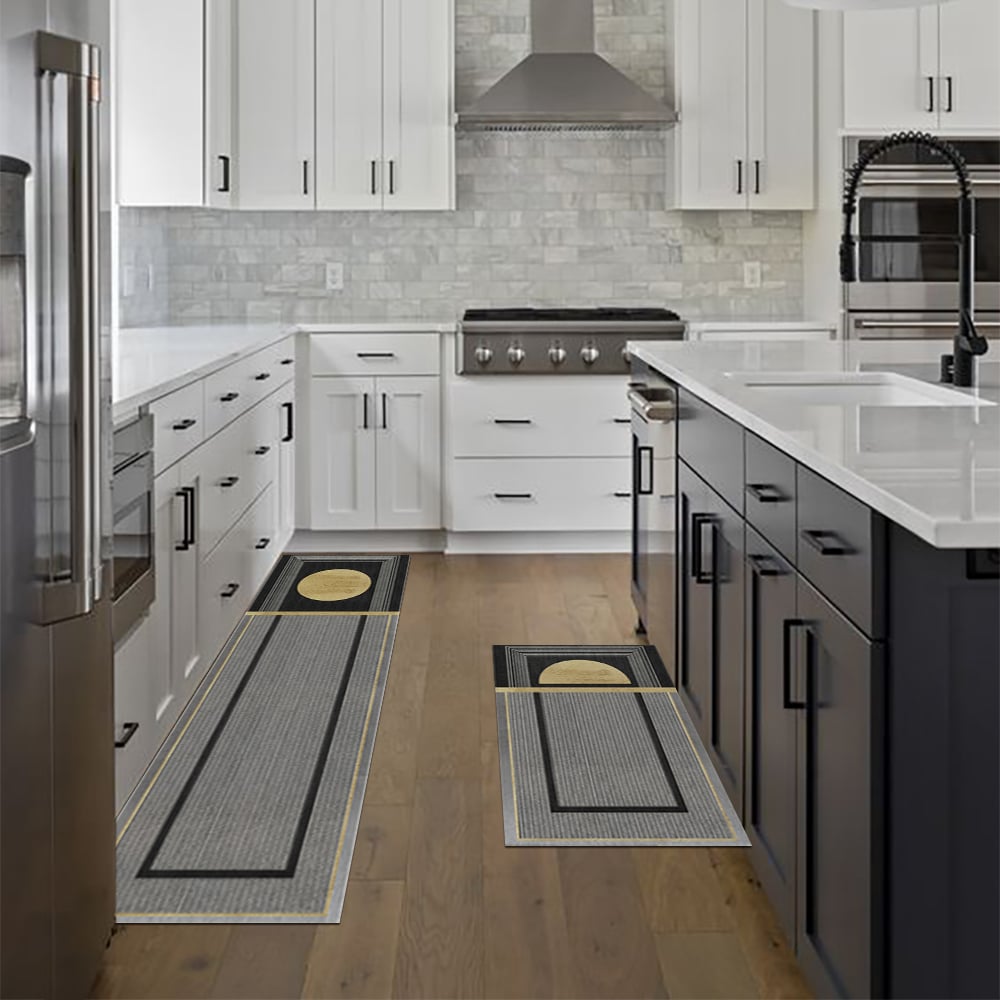Questions and Answers for 2 Pieces Modern Dark Gray Kitchen Runner Mats Non-slip Geometric Kitchen Rug Set