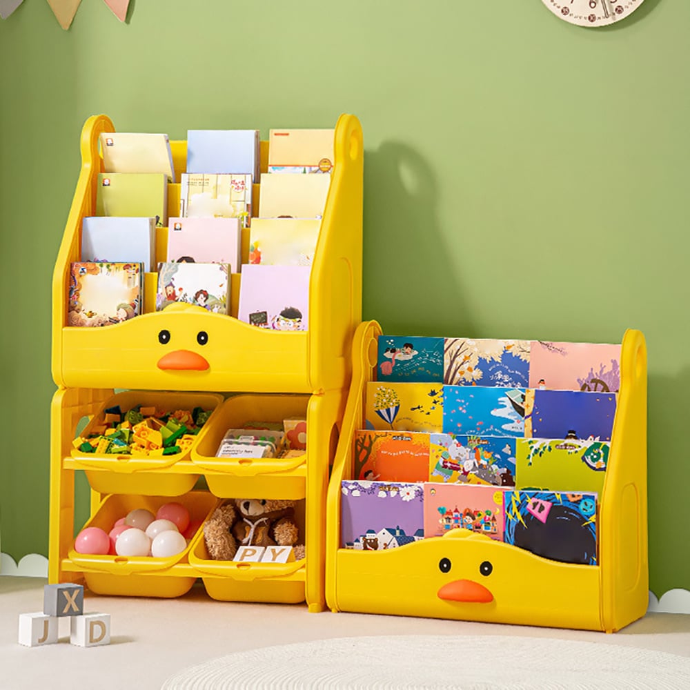Questions and Answers for 4-Tier Little Duck Toy Storage Rack Organizer Children Bookshelf
