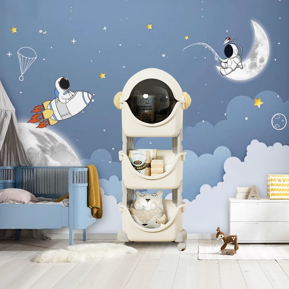 Questions et Réponses pour Chariot de rangement pour jouets pour enfants Astronaut à 3 niveaux, grands bacs de rangement empilables avec roues