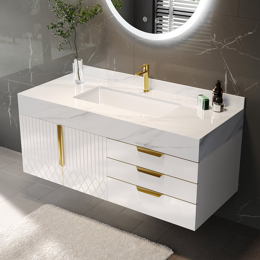 Questions and Answers for Aro Series Bathroom Vanity Set 35.4" Floating Stone Bathroom Vanity White with Sink