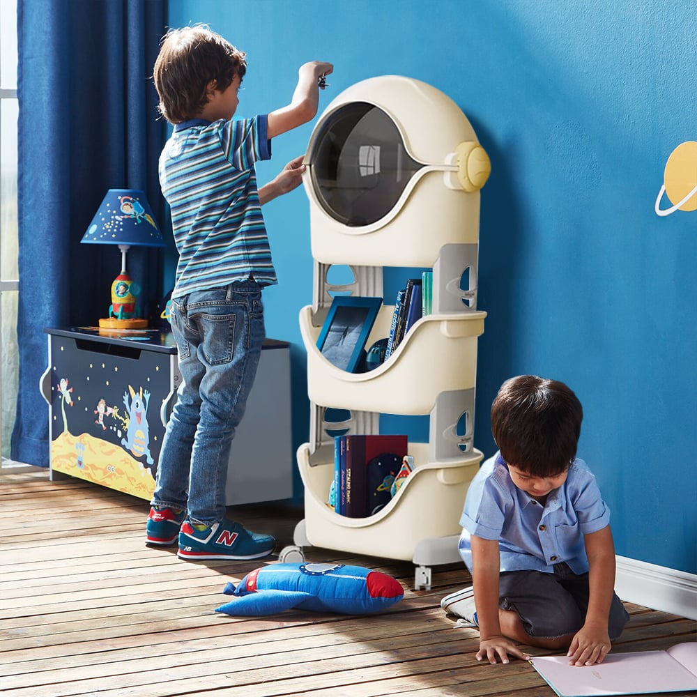 Questions et Réponses pour Chariot de rangement pour jouets pour enfants Astronaut à 3 niveaux, grands bacs de rangement empilables avec roues
