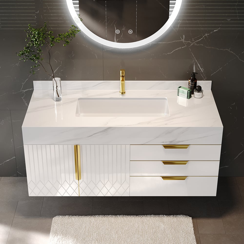 Questions and Answers for Aro Series Bathroom Vanity Set 35.4" Floating Stone Bathroom Vanity White with Sink