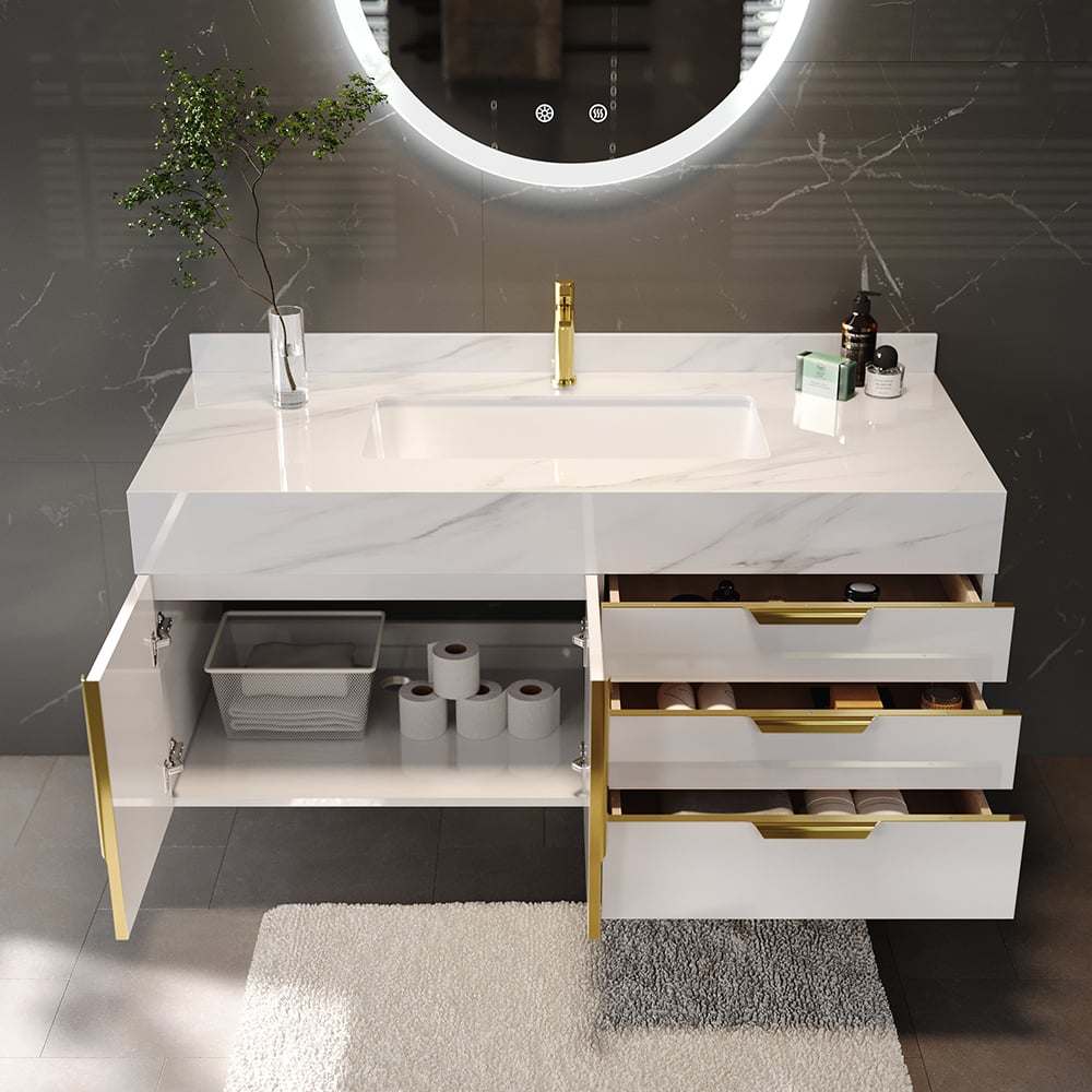 Questions and Answers for Aro Series Bathroom Vanity Set 35.4" Floating Stone Bathroom Vanity White with Sink