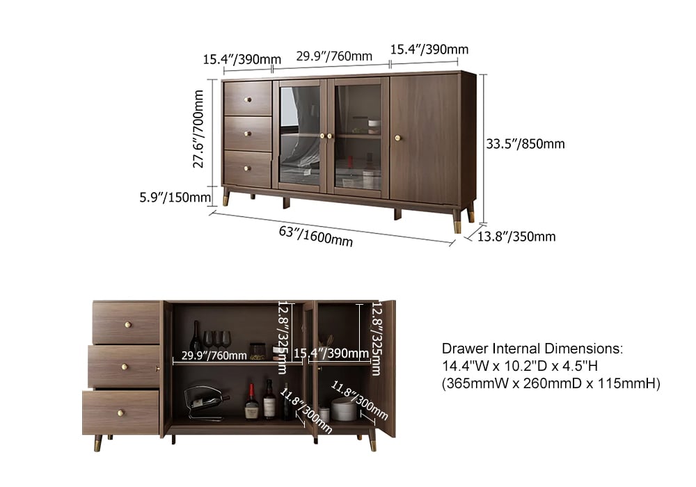 Ultic Modern Rectangle Sideboard Buffet with Ample Storages & Doors in Walnut weights dimensions image