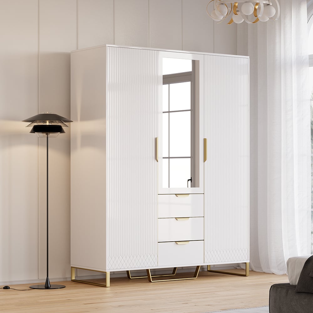 Perguntas e respostas para Armário alto moderno de 3 portas Aro com espelho, prateleiras e gavetas