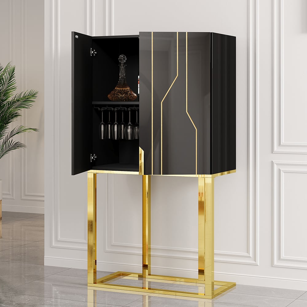 Preguntas y Respuestas para Moderno armario de bar negro brillante con puerta de almacenamiento, armario de bar para el hogar de acero inoxidable