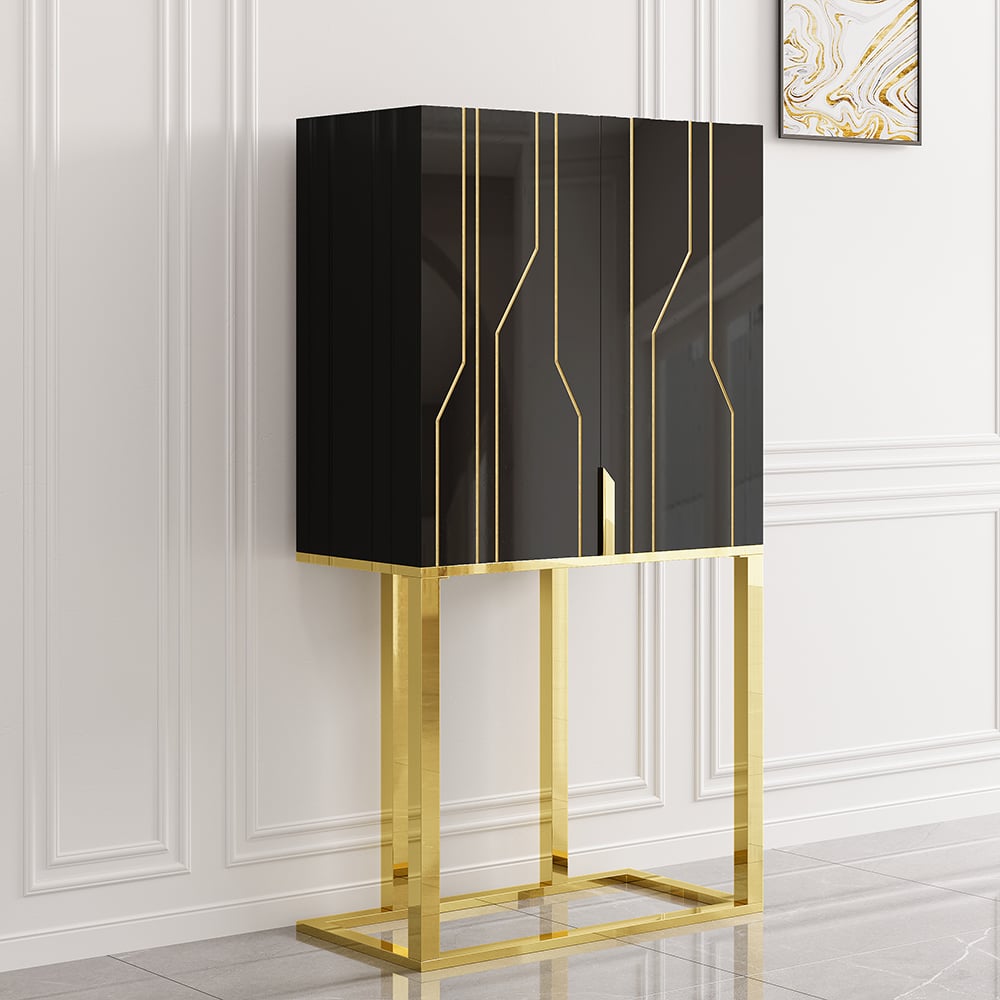 Preguntas y Respuestas para Moderno armario de bar negro brillante con puerta de almacenamiento, armario de bar para el hogar de acero inoxidable