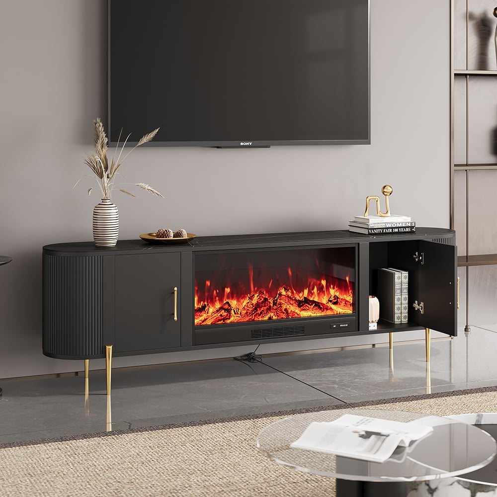 Perguntas e respostas para Armário de TV com lareira elétrica com tampo de pedra sinterizada de 200 cm em preto