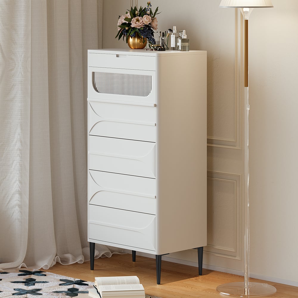 Questions et Réponses pour Grande commode étroite blanche moderne avec miroir rabattable, tiroirs et rangement pour bijoux