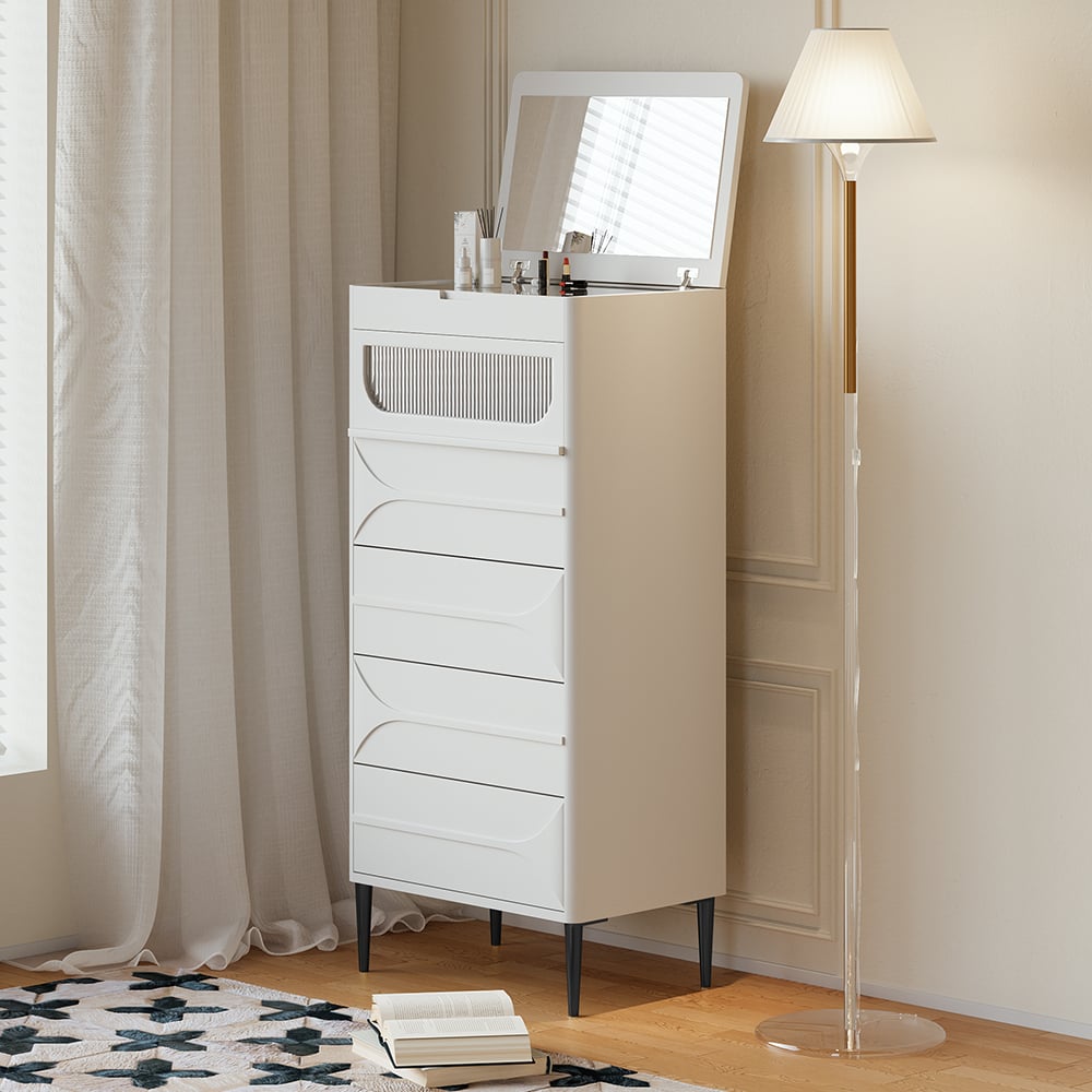 Questions et Réponses pour Grande commode étroite blanche moderne avec miroir rabattable, tiroirs et rangement pour bijoux