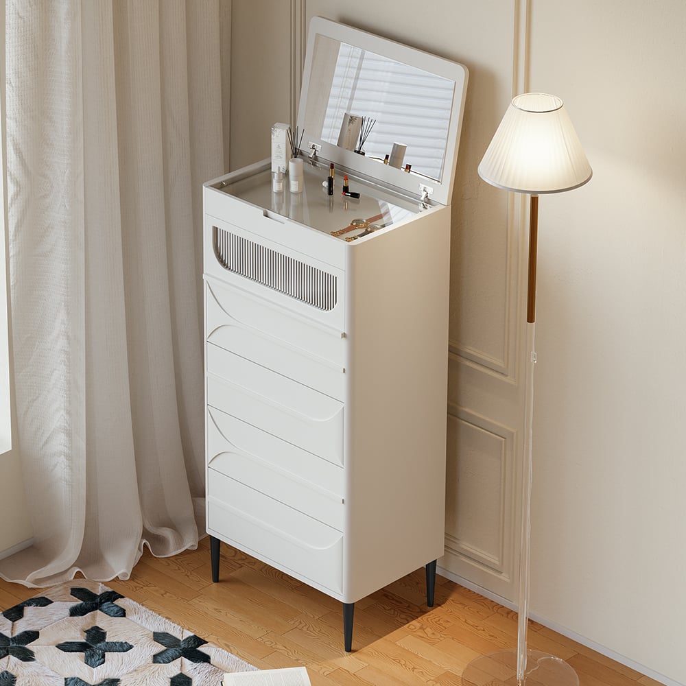 Questions et Réponses pour Grande commode étroite blanche moderne avec miroir rabattable, tiroirs et rangement pour bijoux