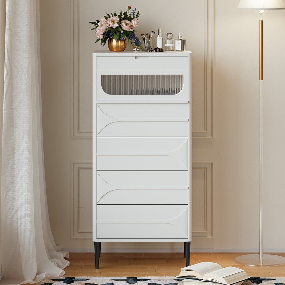 Questions et Réponses pour Grande commode étroite blanche moderne avec miroir rabattable, tiroirs et rangement pour bijoux