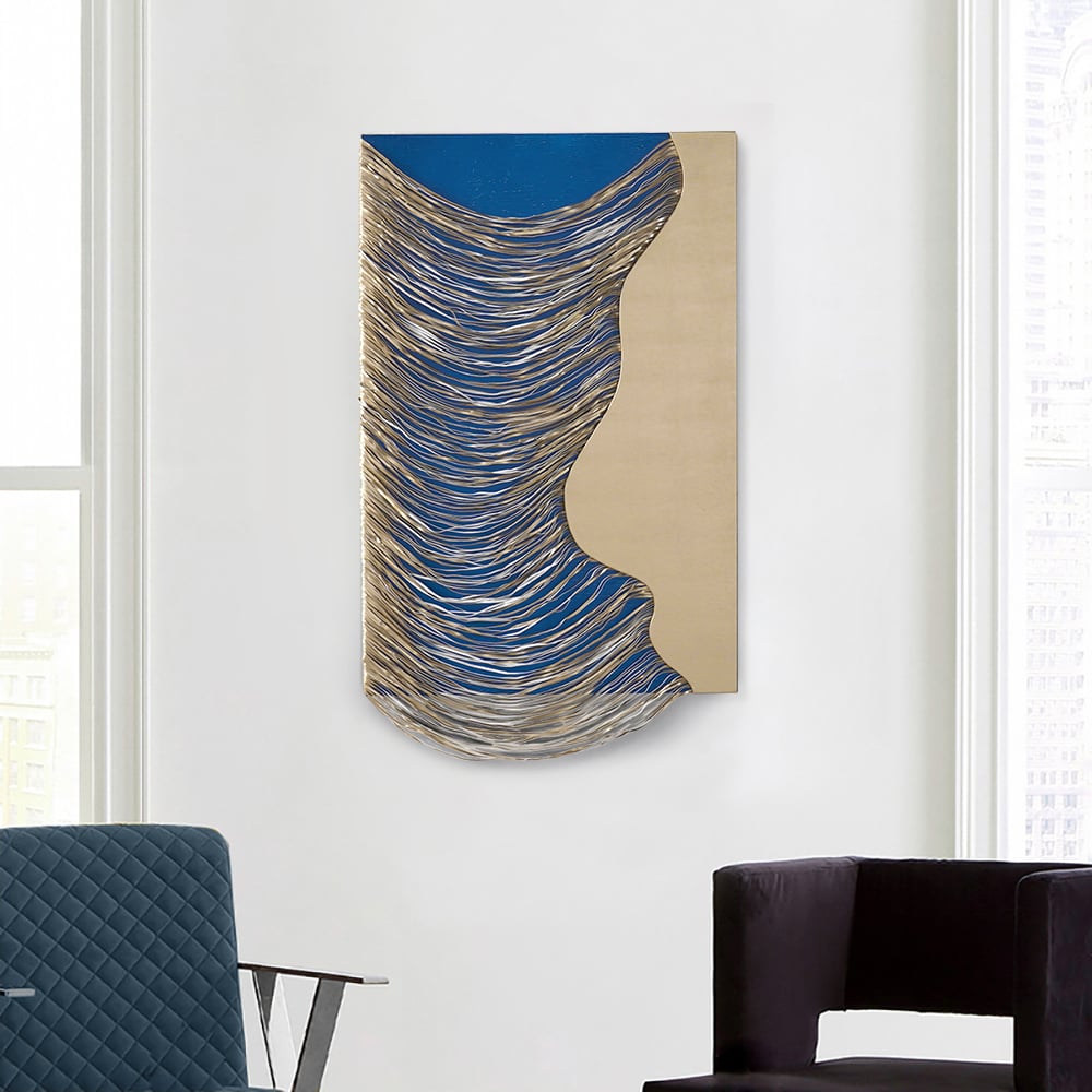 Avaliações de clientes sobre Arte de decoração de parede de madeira abstrata geométrica moderna em azul e dourado em 3D para sala de estar e quarto