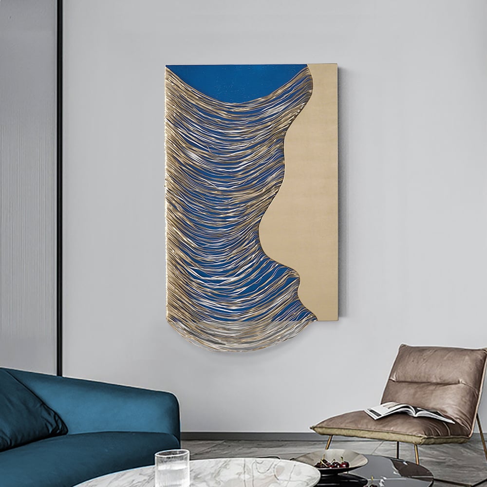 Avaliações de clientes sobre Arte de decoração de parede de madeira abstrata geométrica moderna em azul e dourado em 3D para sala de estar e quarto