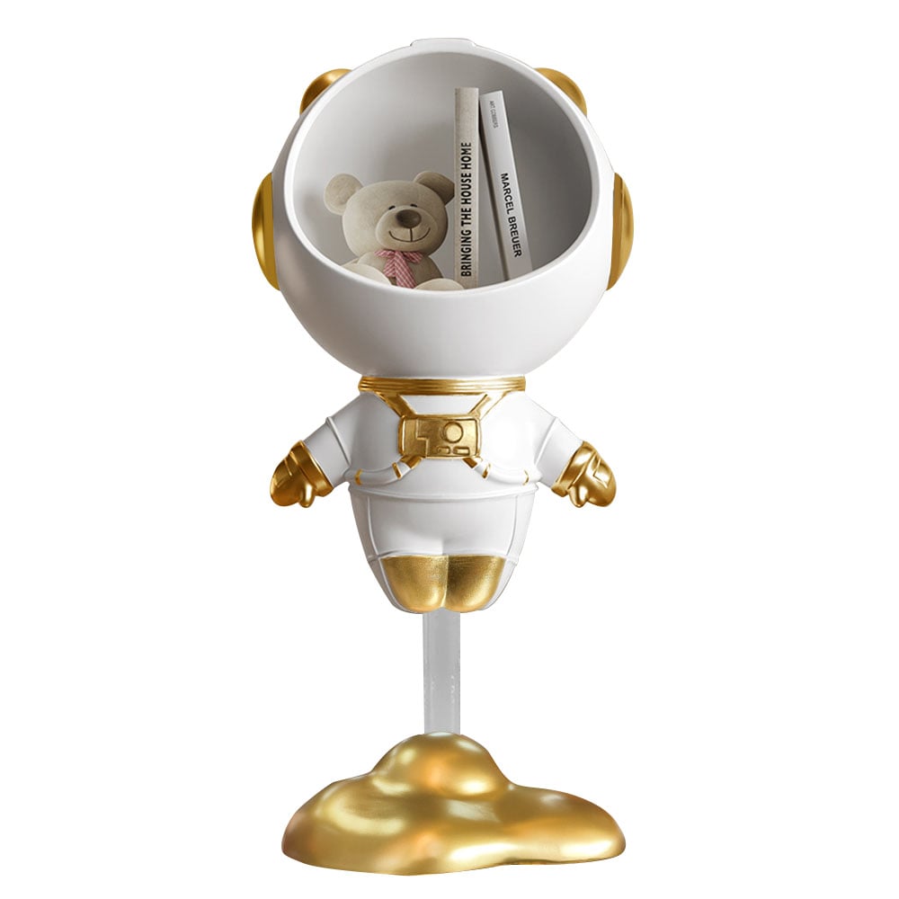 Vragen en antwoorden voor Astronaut Resin Figurine Gouden zwevende bijzettafel met opbergruimte