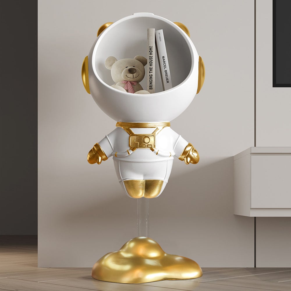 Vragen en antwoorden voor Astronaut Resin Figurine Gouden zwevende bijzettafel met opbergruimte
