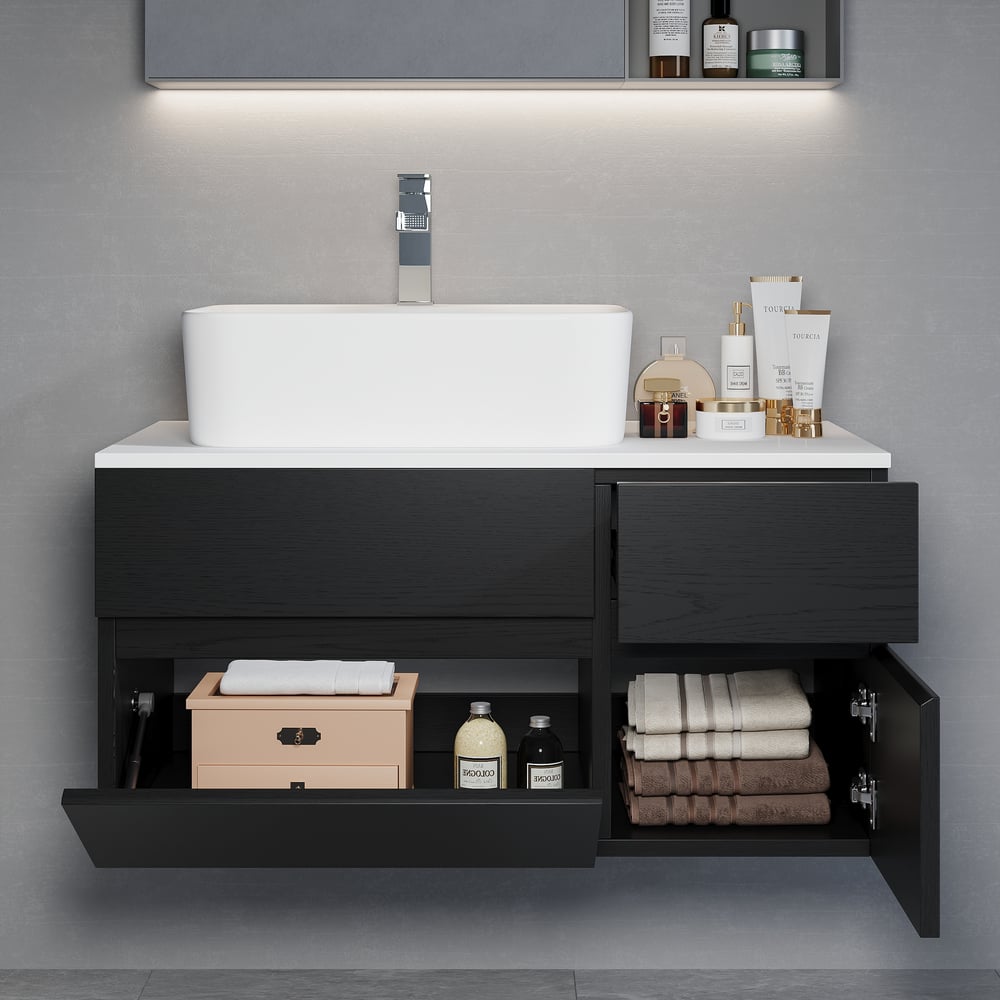 Questions and Answers for Modern 80 cm Floating Single Bathroom Vanity with Stone Resin Top, Ceramic Basin