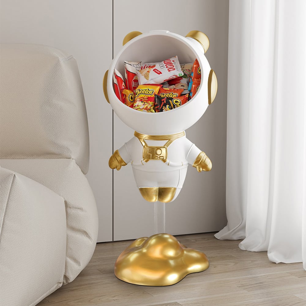 Vragen en antwoorden voor Astronaut Resin Figurine Gouden zwevende bijzettafel met opbergruimte