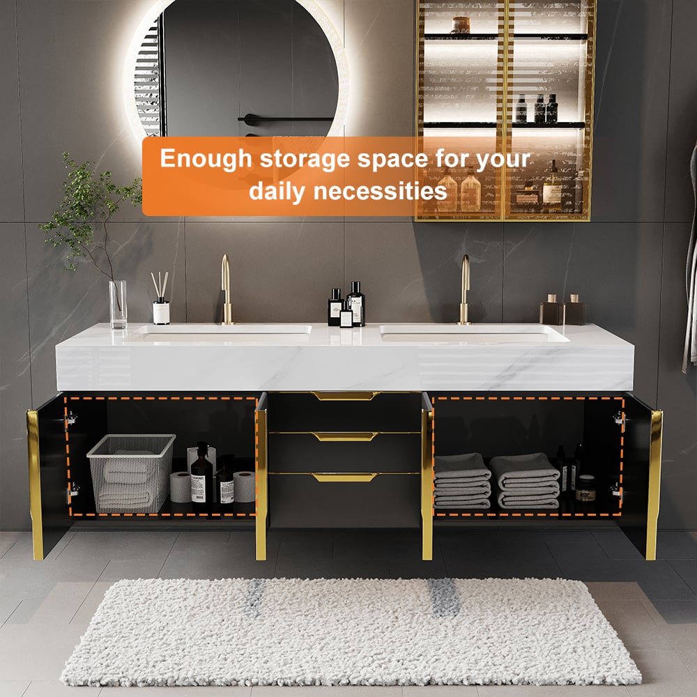 Questions et Réponses pour Vanité murale noire moderne de 1500 mm avec tiroirs à double vasque et dessus en faux marbre