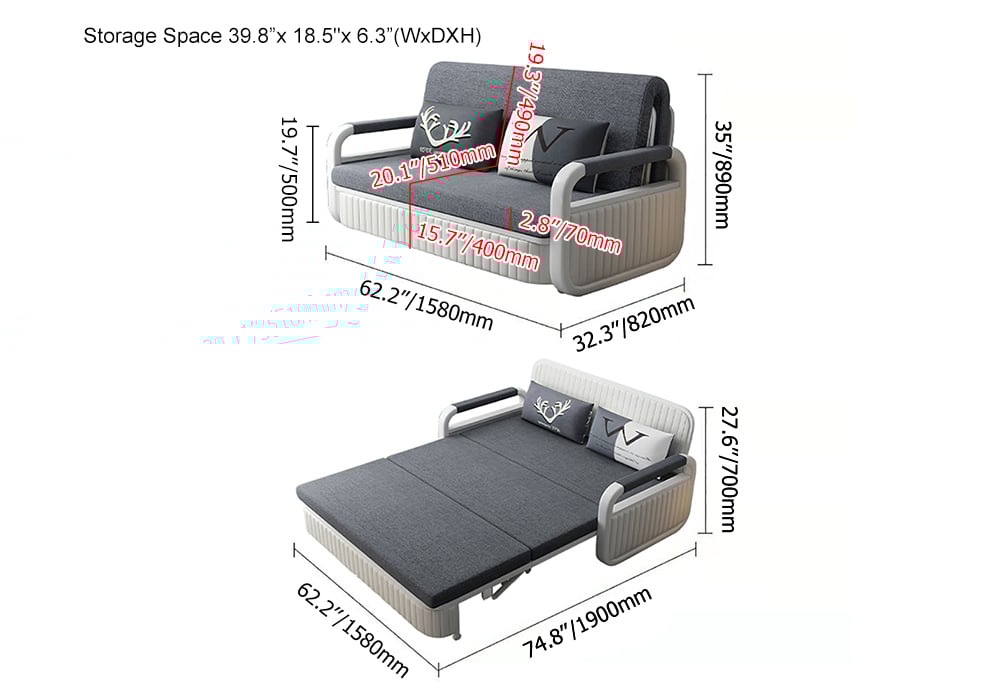 62" Queen 2-Seater Linen Sleeper Sofa with Trundle weights dimensions image