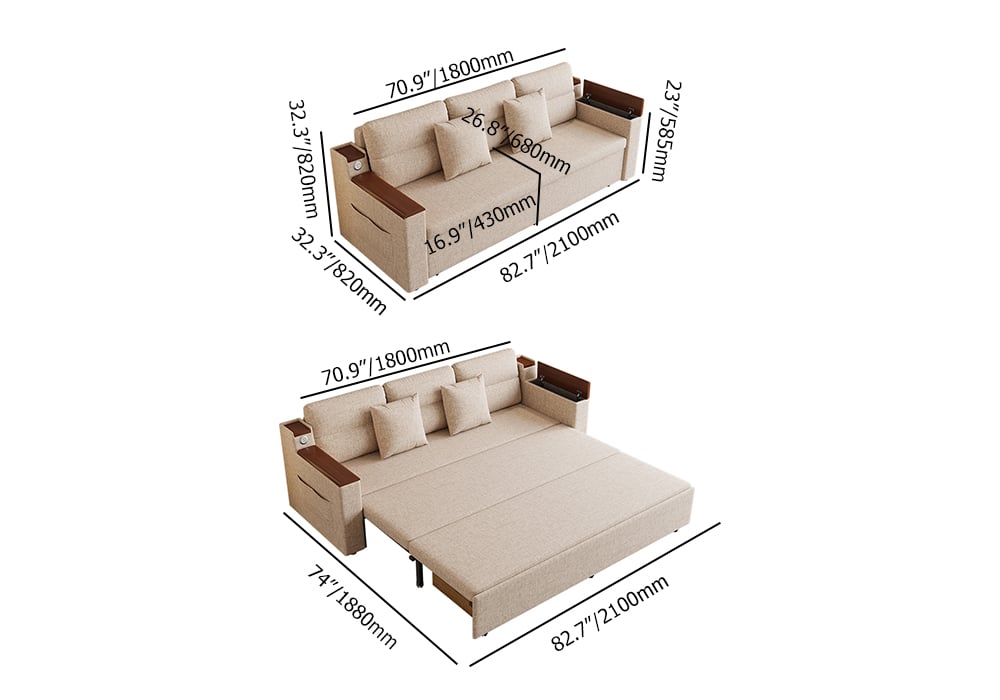 83" King 3-Seater Linen Sleeper Sofa with Trundle & USB Port weights dimensions image