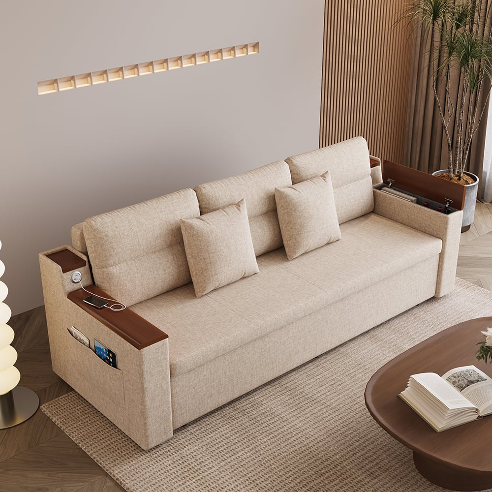 Questions and Answers for 3-seater linen sleeper sofa with storage in beige