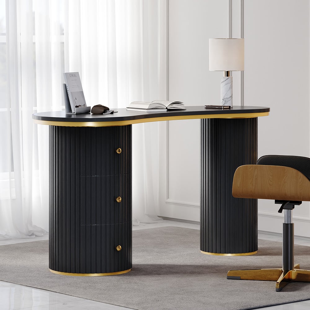 Avis Clients sur Bureau incurvé noir moderne de 1400 mm à 3 tiroirs, bureau à domicile en bois, double piédestal