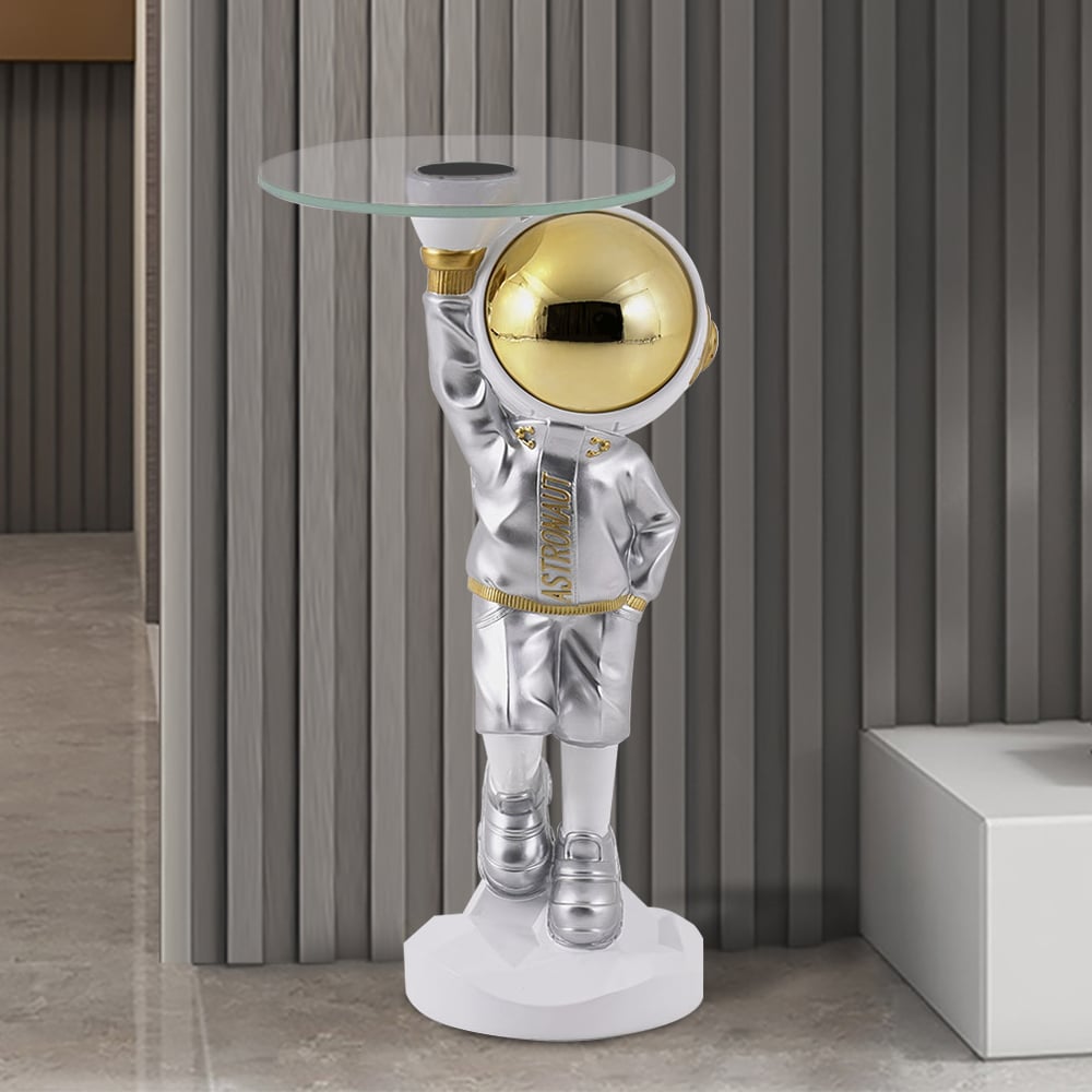 Questions and Answers for 600mm Silver Astronaut Floor Statue Sculpture Decor Art Side Table with Wireless Charger