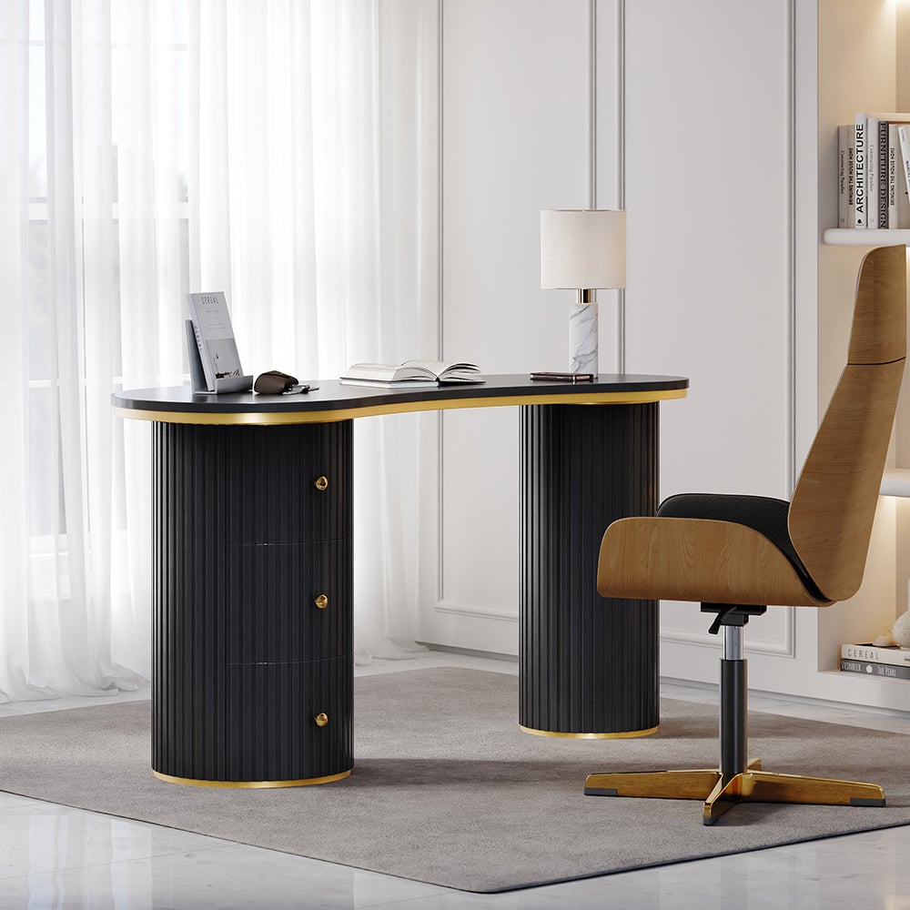 Avis Clients sur Bureau incurvé noir moderne de 1400 mm à 3 tiroirs, bureau à domicile en bois, double piédestal