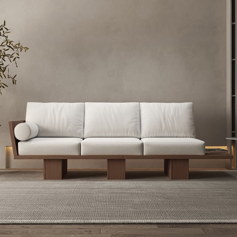 Questions and Answers for 97" Walnut Japandi Solid Wood Living Room Sofa 3-Seater Cotton & Linen Upholstery