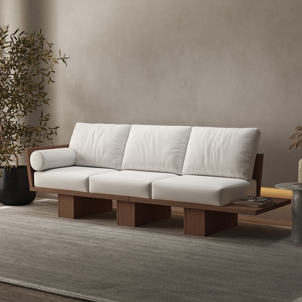 Questions and Answers for 97" Walnut Japandi Solid Wood Living Room Sofa 3-Seater Cotton & Linen Upholstery
