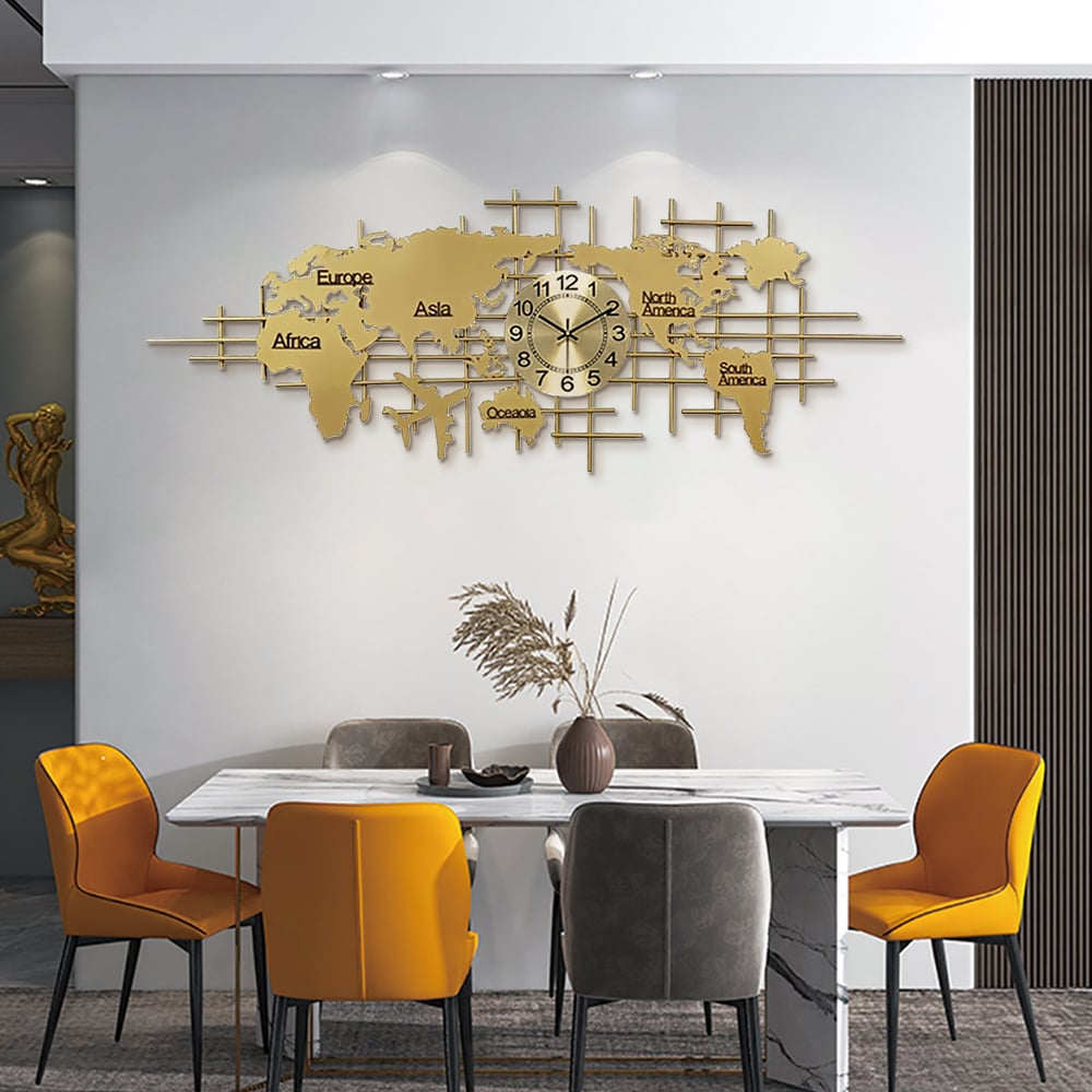 Avis Clients sur Horloge murale de luxe en métal doré surdimensionnée avec carte du monde 1500 mm x 580 mm