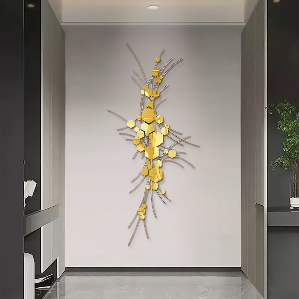 Questions et Réponses pour Décoration murale géométrique de luxe en métal de 1500 mm, lignes incurvées, art de maison dans un salon doré