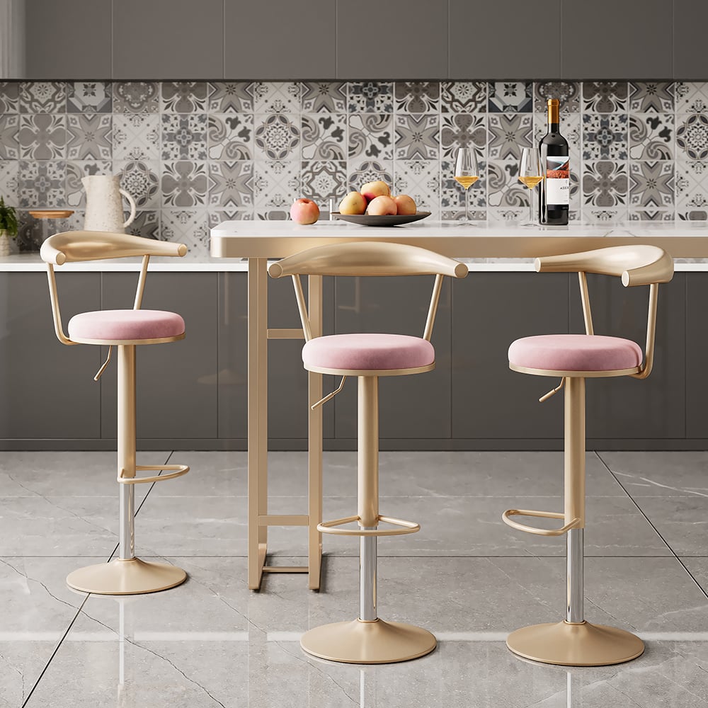 Questions et Réponses pour Tabouret de bar de luxe moderne, réglable et abordable, pivotant et en velours rose