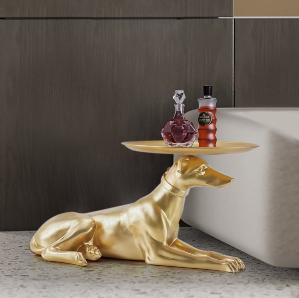 Questions and Answers for Modern Dog Side Table Floor Resin Figurine with Tray Top in Gold