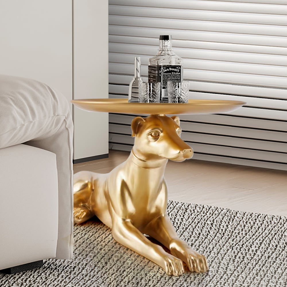 Questions and Answers for Modern Dog Side Table Floor Resin Figurine with Tray Top in Gold
