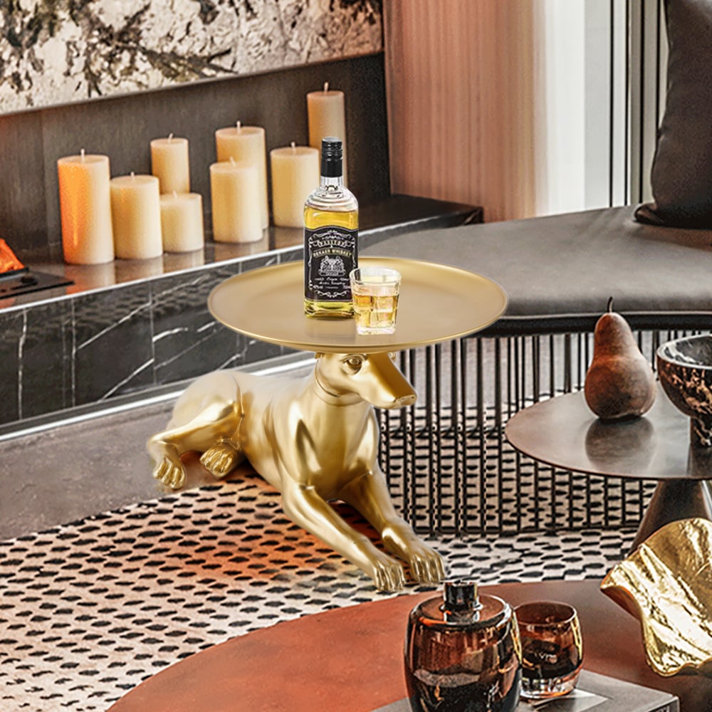 Questions and Answers for Modern Dog Side Table Floor Resin Figurine with Tray Top in Gold