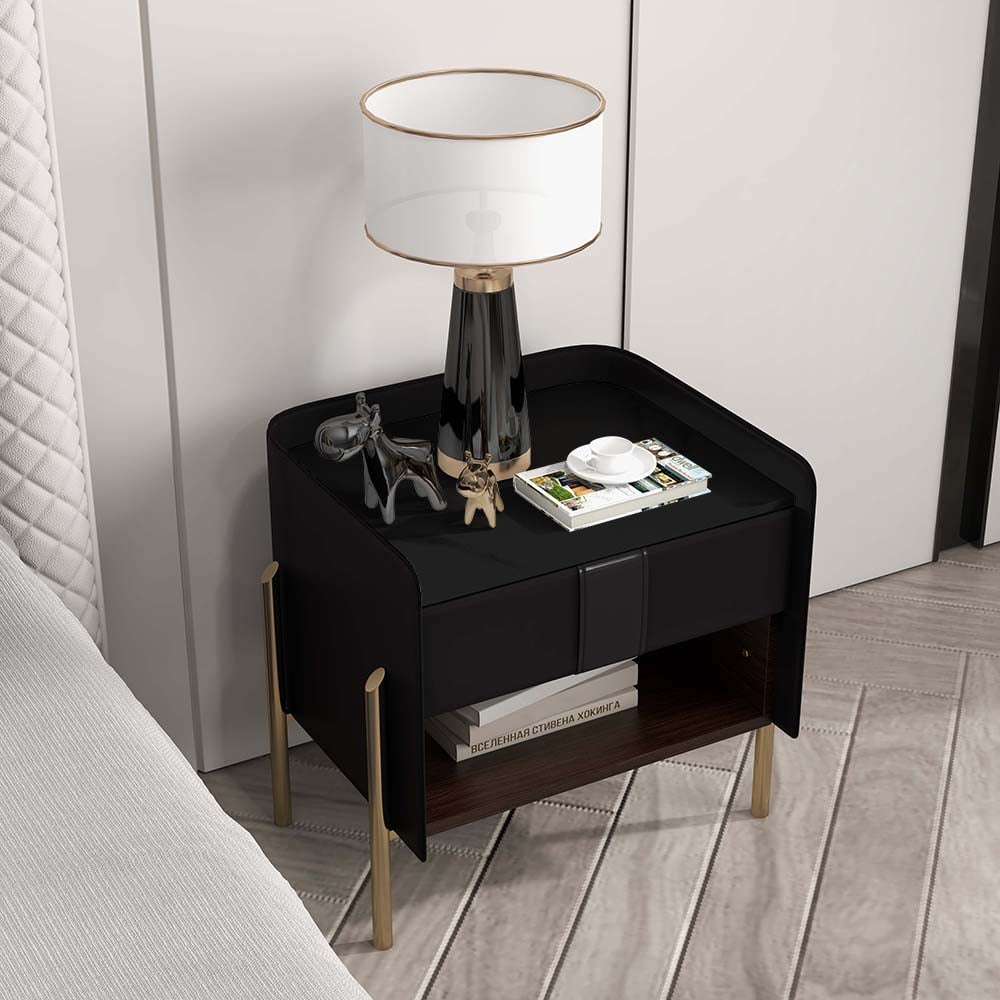 Questions and Answers for Modern Black Nightstand Sintered Stone Top Bedside Table with Charger & Light